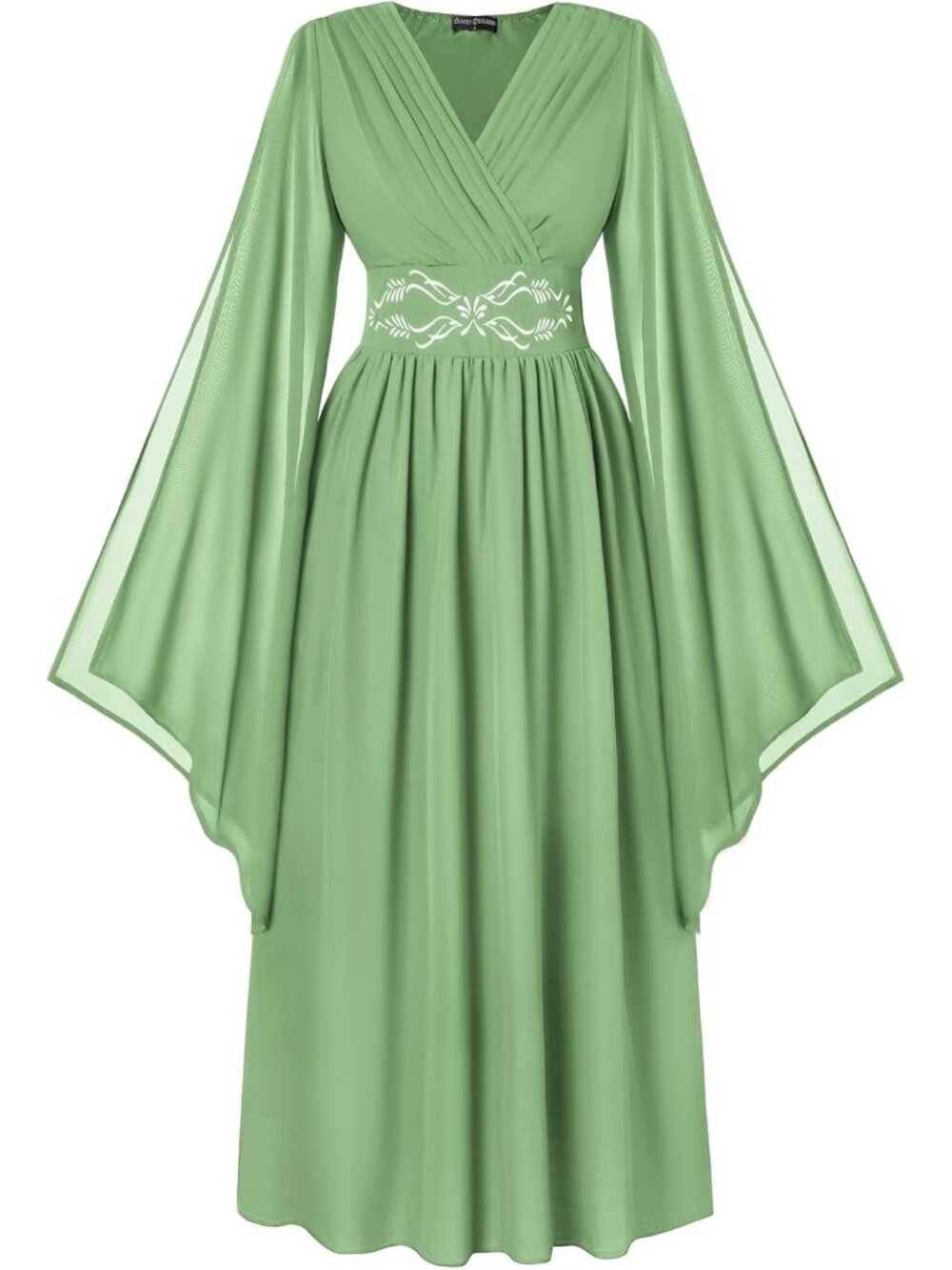Women's Light Green Bell Sleeve Wrap V Neck Embroidery Imported Costume Dress